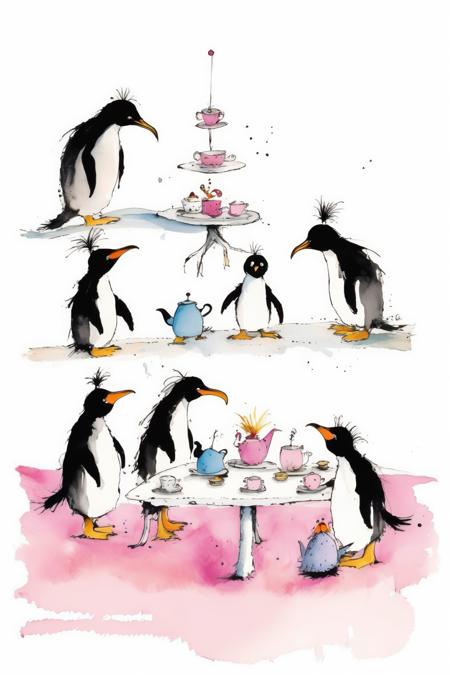 00094-3239764120-_lora_Quentin Blake Style_1_Quentin Blake Style - penguins having a tea party illustration in the style of quentin blake. Includ.png